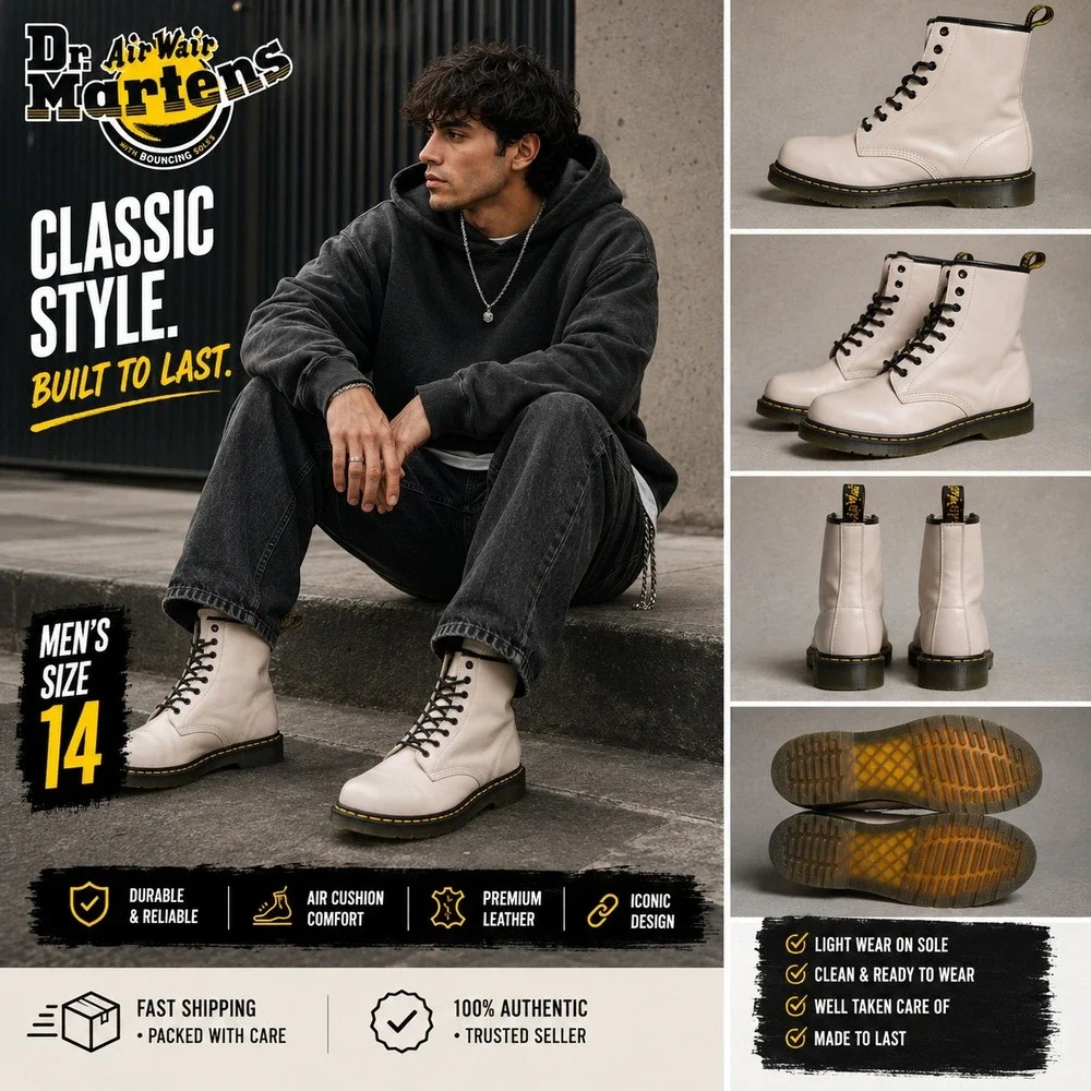 Dr. Martens 1460 Parchment Beige Leather 8-Eye Lace Up Boots Mens Size 14